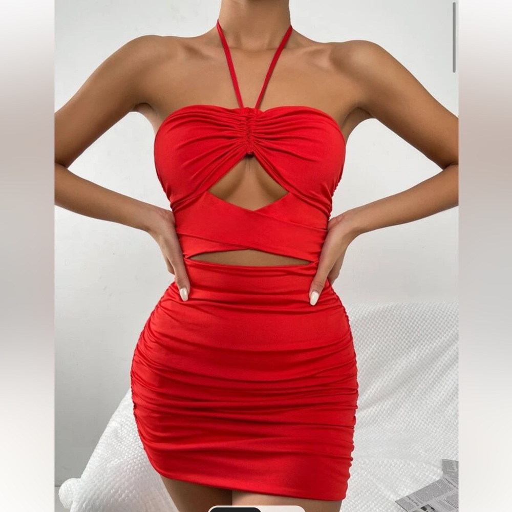 Red ruched backless halter dress